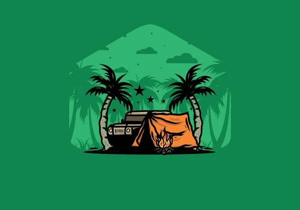 ココナッツの木の間の車の前でキャンプテントのイラストデザイン — ストックベクタ
