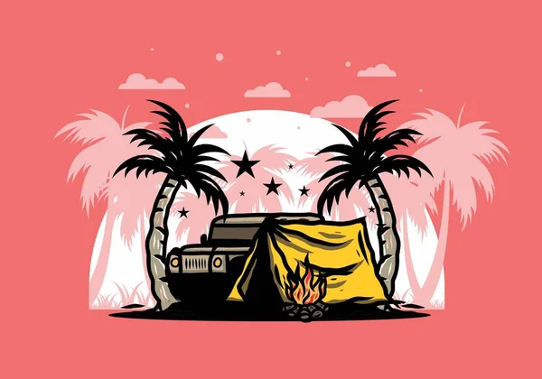 Illustration Design Camping Tent Front Car Coconut Tree — Stock Vector
