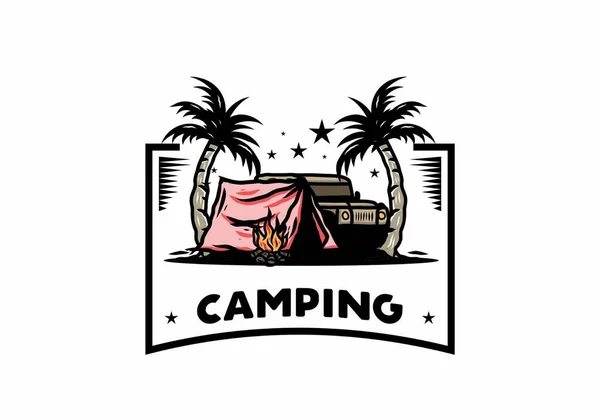 Illustration Une Tente Camping Devant Voiture Entre Cocotier — Image vectorielle