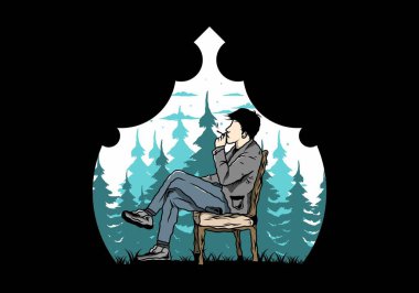 Sandalyeye oturup sigara içen bir adamın tasarımı.