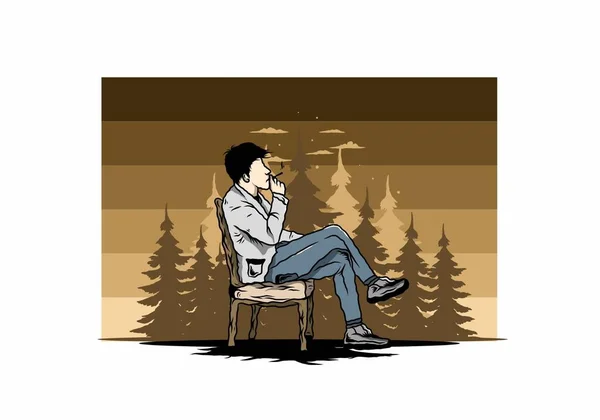 Σχεδιασμός Εικονογράφησης Ενός Άνδρα Που Κάθεται Στην Καρέκλα Και Καπνίζει — Διανυσματικό Αρχείο