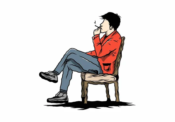 Illustrationsentwurf Eines Mannes Der Auf Einem Stuhl Sitzt Und Zigaretten — Stockvektor