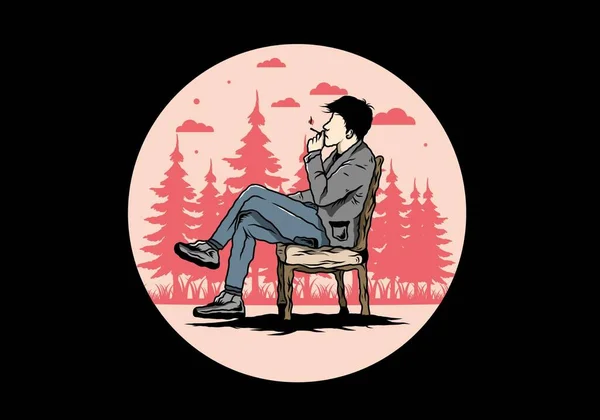 Illustrazione Disegno Uomo Seduto Sulla Sedia Fumare Sigarette — Vettoriale Stock