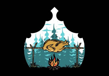 Şenlik ateşi üzerinde ızgara tavuk tasarımı.