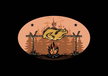 Şenlik ateşi üzerinde ızgara tavuk tasarımı.