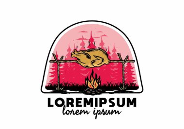 Şenlik ateşi üzerinde ızgara tavuk tasarımı.