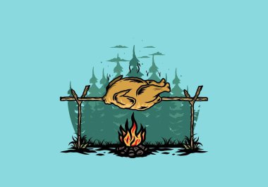 Şenlik ateşi üzerinde ızgara tavuk tasarımı.