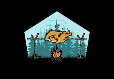 Şenlik ateşi üzerinde ızgara tavuk tasarımı.