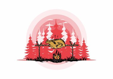 Şenlik ateşi üzerinde ızgara tavuk tasarımı.