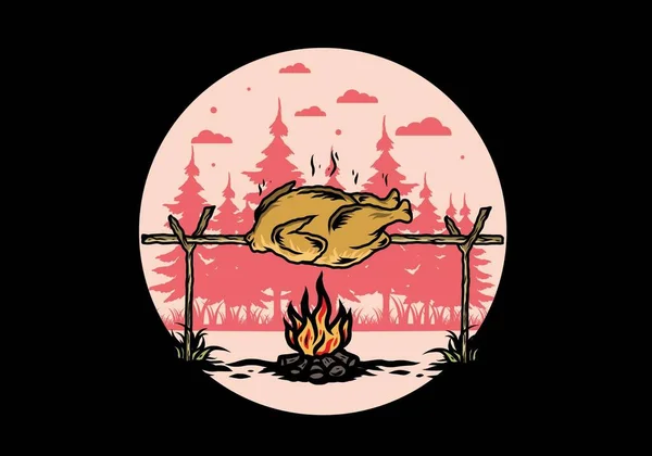 たき火の上にグリルチキンのイラストデザイン — ストックベクタ
