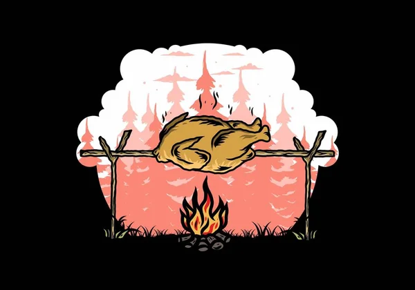 Projekt Ilustracji Grillującego Kurczaka Nad Ogniskiem — Wektor stockowy