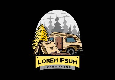 Çam ağacının önündeki çadır ve karavanın çizim tasarımı