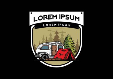 Çam ağacının önündeki çadır ve karavanın çizim tasarımı