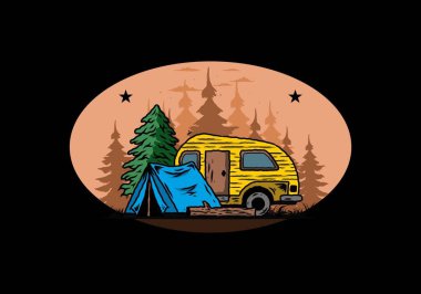 Çam ağacının önündeki çadır ve karavanın çizim tasarımı