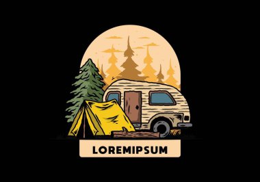 Çam ağacının önündeki çadır ve karavanın çizim tasarımı