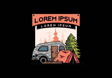 Çam ağacının önündeki çadır ve karavanın çizim tasarımı