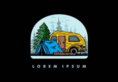 Çam ağacının önündeki çadır ve karavanın çizim tasarımı