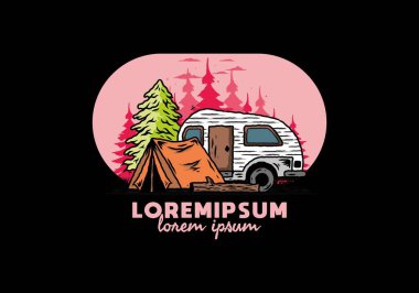 Çam ağacının önündeki çadır ve karavanın çizim tasarımı