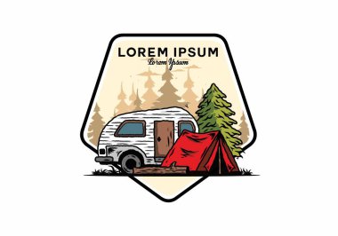 Çam ağacının önündeki çadır ve karavanın çizim tasarımı