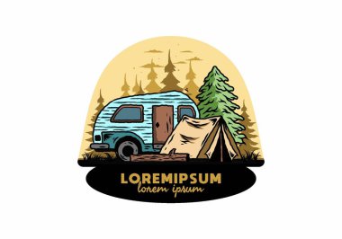 Çam ağacının önündeki çadır ve karavanın çizim tasarımı