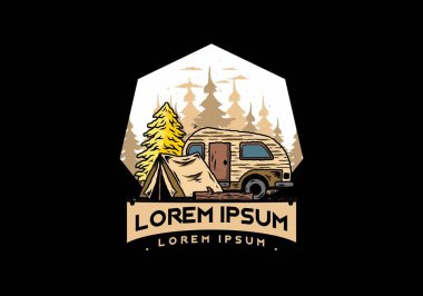 Çam ağacının önündeki çadır ve karavanın çizim tasarımı