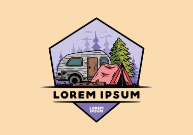 Çam ağacının önündeki çadır ve karavanın çizim tasarımı