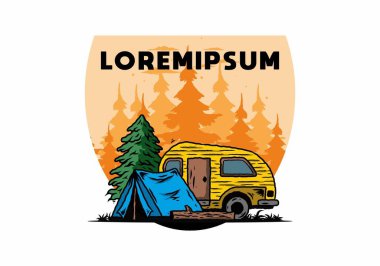 Çam ağacının önündeki çadır ve karavanın çizim tasarımı