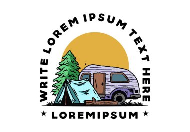 Çam ağacının önündeki çadır ve karavanın çizim tasarımı