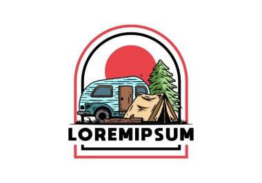 Çam ağacının önündeki çadır ve karavanın çizim tasarımı