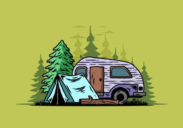 Illustrationsentwurf Eines Teardrop Campers Und Zeltes Vor Einer Kiefer — Stockvektor