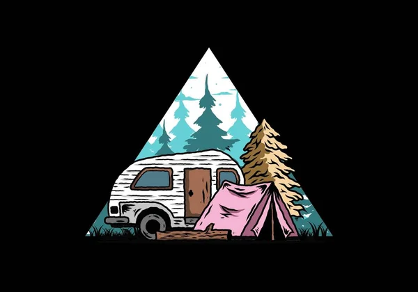 Illustrationsentwurf Eines Teardrop Campers Und Zeltes Vor Einer Kiefer — Stockvektor