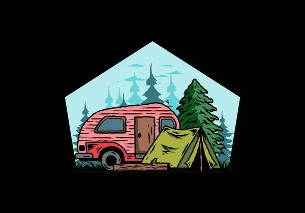 Illustration Design Teardrop Camper Tent Front Pine Tree — Stock Vector