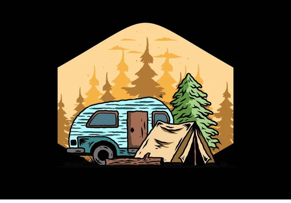 Illustrationsentwurf Eines Teardrop Campers Und Zeltes Vor Einer Kiefer — Stockvektor