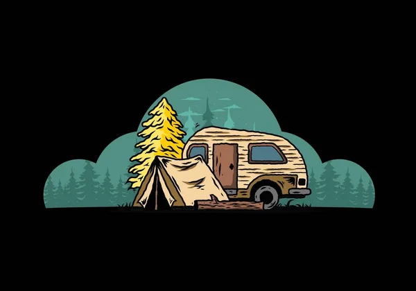 Ilustración Autocaravana Tienda Campaña Teardrop Frente Pino — Vector de stock