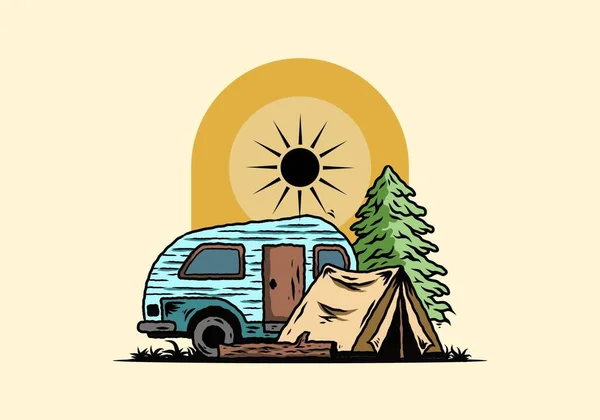 Illustrationsentwurf Eines Teardrop Campers Und Zeltes Vor Einer Kiefer — Stockvektor