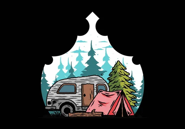 松树前露营地及帐篷的图解设计 — 图库矢量图片