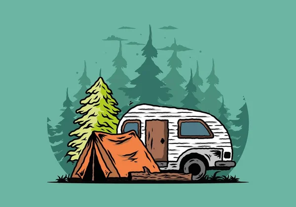 Illustrationsentwurf Eines Teardrop Campers Und Zeltes Vor Einer Kiefer — Stockvektor