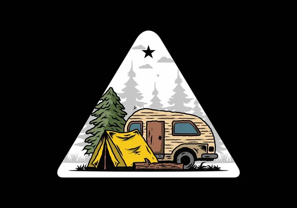 Illustrationsentwurf Eines Teardrop Campers Und Zeltes Vor Einer Kiefer — Stockvektor