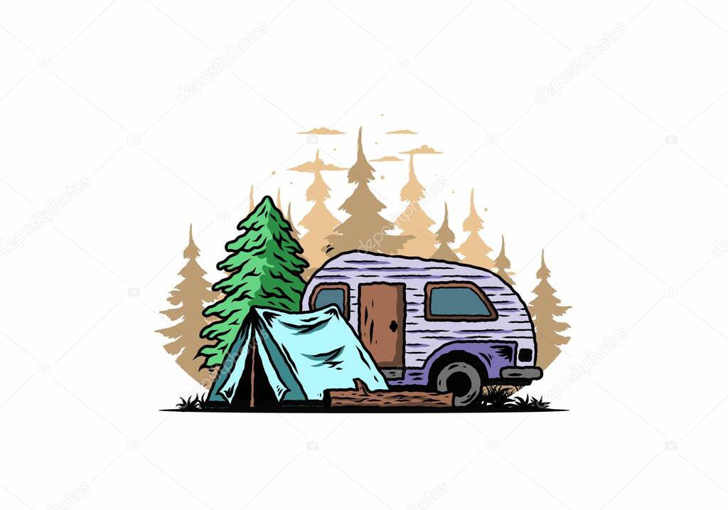 Illustration design of a Teardrop camper and tent in front of pine tree