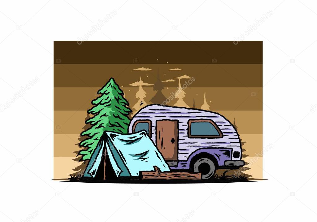 Illustration design of a Teardrop camper and tent in front of pine tree