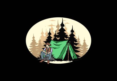 Çadırın önünde kovboy şapkası takan bir adamın tasarımı.