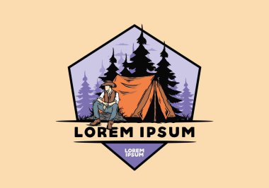 Çadırın önünde kovboy şapkası takan bir adamın tasarımı.