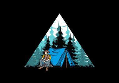 Çadırın önünde kovboy şapkası takan bir adamın tasarımı.