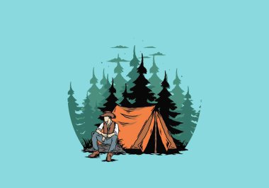 Çadırın önünde kovboy şapkası takan bir adamın tasarımı.