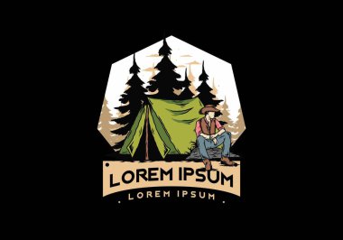 Çadırın önünde kovboy şapkası takan bir adamın tasarımı.