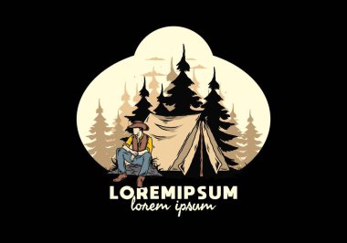 Çadırın önünde kovboy şapkası takan bir adamın tasarımı.