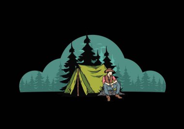 Çadırın önünde kovboy şapkası takan bir adamın tasarımı.