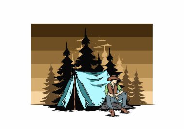 Çadırın önünde kovboy şapkası takan bir adamın tasarımı.