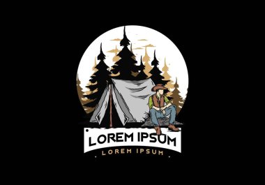 Çadırın önünde kovboy şapkası takan bir adamın tasarımı.