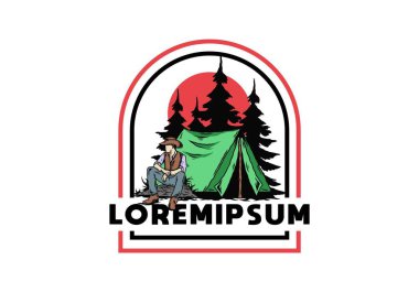 Çadırın önünde kovboy şapkası takan bir adamın tasarımı.